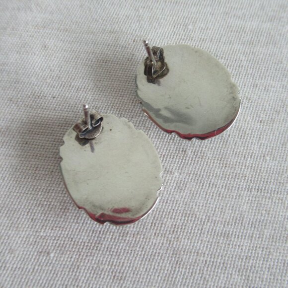 Native American Sterling and Malachite Stud Earrings 0.75" x 0.80 - Picture 6 of 8